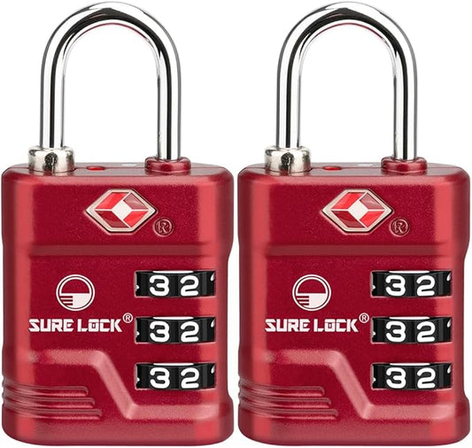 SURE LOCK TSA Approved Luggage Lock – 3-Digit Resettable Combination Padlock with Open Alert Red Dot, Large Easy-Read Dials for Suitcases, Backpacks, Gym & School Lockers(Red 2 pk)