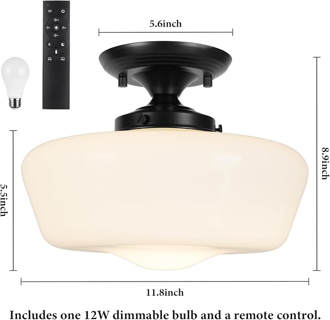 Schoolhouse Style Semi Flush Mount Ceiling Light with Dimmable Bulb Remote Control, 12" Modern Gold Hallway Ceiling Lamp with Opal Milk Glass Shade, Farmhouse Globe Light for Bedroom Kitchen Laundry