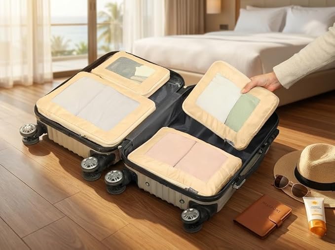 Small Compression Packing Cubes 4-Piece Set - Space Saving Travel Organizer Bags for Carry-On Luggage, Compressible Mesh Packing Cubes for Travel Women Ultralight