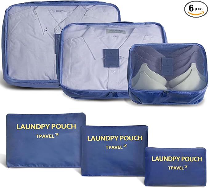 6 Set Packing Cubes for Travel Luggage Packing Bags Reusable Waterproof Suitcase Organizer Bags Set with Shoe Bag and Toiletry Bag (Navy Blue)