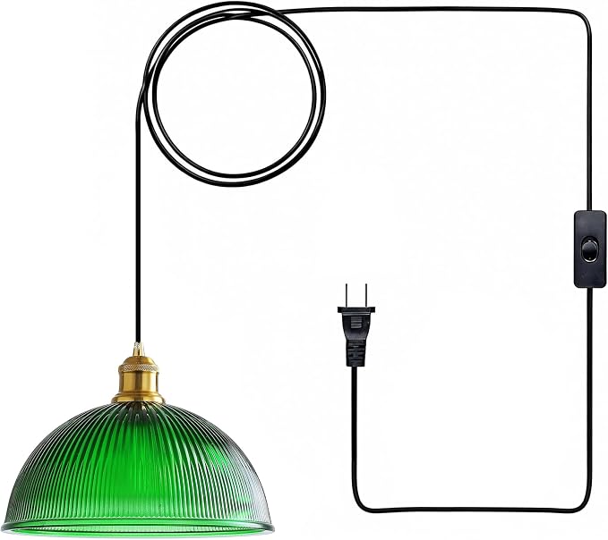 XZHGCEE Plug in Pendant Light: Hanging Light Plug in Green Glass Hanging Lamp, Pendant Lighting for Kitchen Island, Bedroom, Dining Room, Living Room, No Bulb
