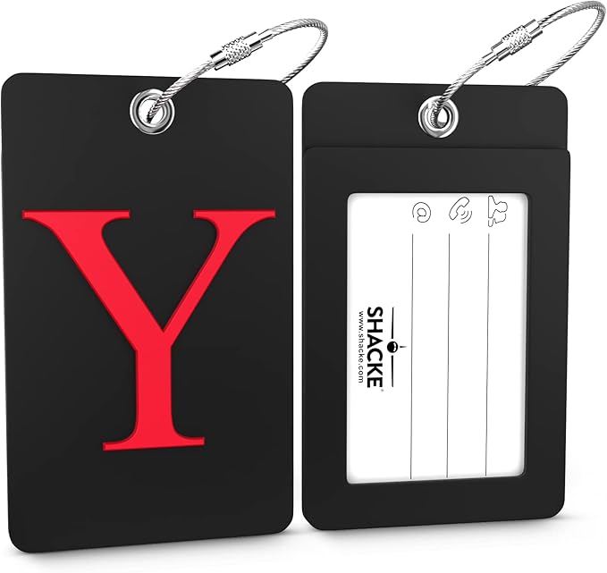 Shacke Luggage Tag Initial - Fully Bendable Tag w/Stainless Steel Loop - Black (Letter Y)