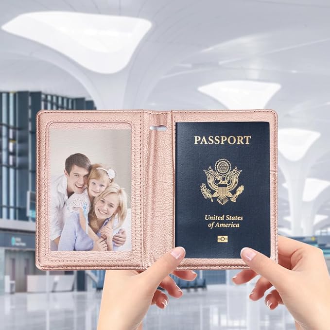 Passport Holder for Travel Essentials, Passport Cover Wallet Passport Holders for Women Men, PU Leather Passport Book Card Case with Pen Holder for Family Travel Must Haves Accessories, Rose Gold