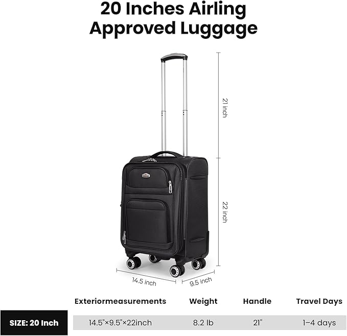 20'' Carry on Luggage,Softside Suitcase w/Combination LOCK,Expandable 15% Luggage w/Double Spinner Wheels,Lightweight Rolling Suitcases for Men/Women（Black,20in）