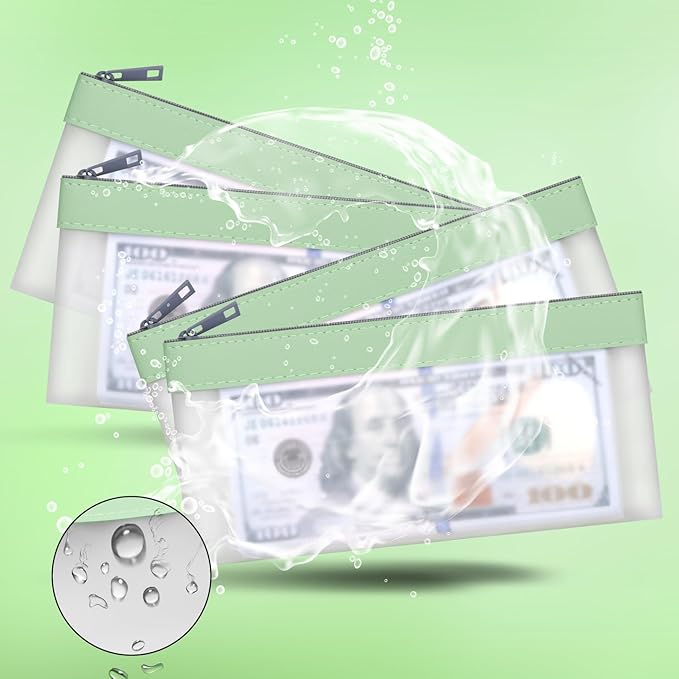 4 Pieces Money Bags With Zipper, Cash Envelopes,7.6 x 3.7 inch Money Pouch, Clear Bank Deposit Bags, Bank Bag, Cash Bag, Money Pouch for Collectors, Multi-Purpose Check Wallet （Green）