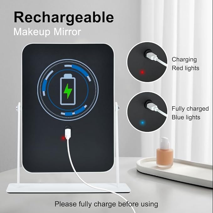YEKKOPT Rechargeable Small Vanity Mirror with Lights,9"x11"Portable LED Desk Mirror, Make up Mirror with Lighting,Touch Screen with 3-Color Lighting, Dimmable, for Shaving, Tabletop, Bedroom
