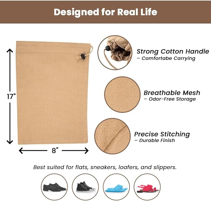 LFH Cotton Rich Shoe Storage Bags with Drawstring, Dustproof Breathable Reusable Organizer, Perfect For Travel, Dorm, Hotel, College, Gym, Easy to Carry, Machine Washable 8"x17" (Pack of 6) - Beige