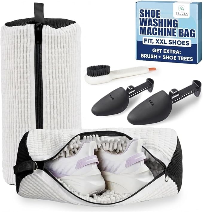 Shoe Washing Machine Bag –2 Pcs Reusable Laundry Shoe Bag with Brush & Shoe Trees, 360° Deep Cleaning Sneaker Washing Machine Bag, Fits All Shoe Types & Sizes (Yellow, 14.8 × 7.4 Inches) (2PCS White)