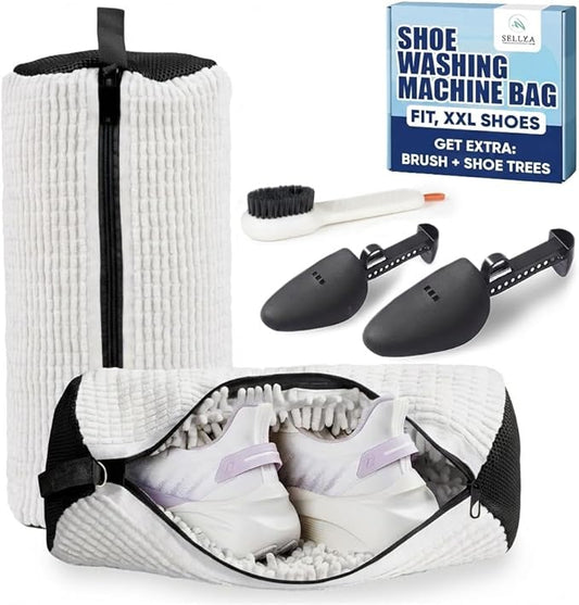 Shoe Washing Machine Bag –2 Pcs Reusable Laundry Shoe Bag with Brush & Shoe Trees, 360° Deep Cleaning Sneaker Washing Machine Bag, Fits All Shoe Types & Sizes (Yellow, 14.8 × 7.4 Inches) (2PCS White)
