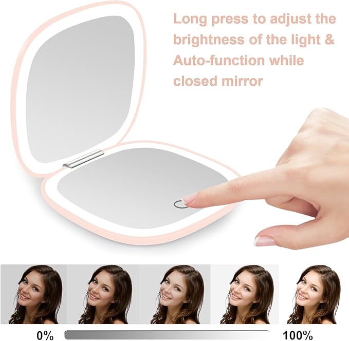 deweisn Compact Mirror, Lighted Travel Makeup Mirror with 1X/10X Magnifying Double Sided Dimmable Portable Pocket Mirror for Handbag and Pocket, USB Charging(Pink)