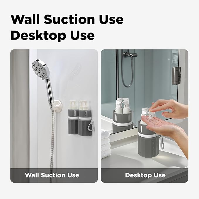 Travel Bottles for Toiletries, TSA Approved Travel Shampoo and Conditioner Bottles with Suction Cups, Gray