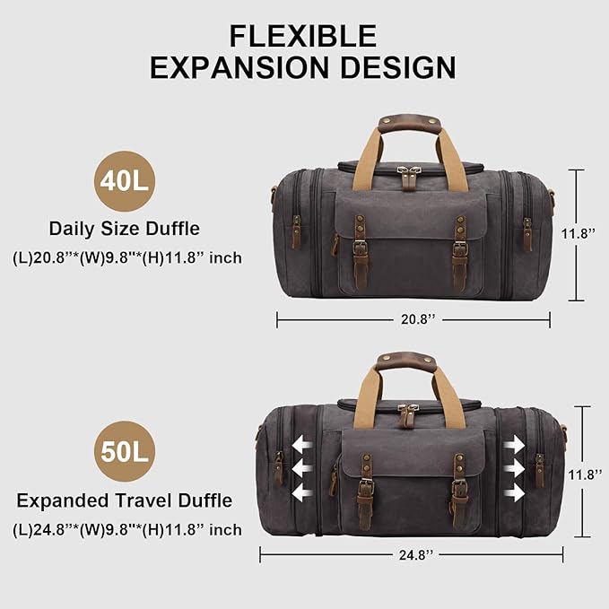Waxed Canvas Duffel Bag 50L Waterproof Duffle Bag Travel Overnight Weekender Bag