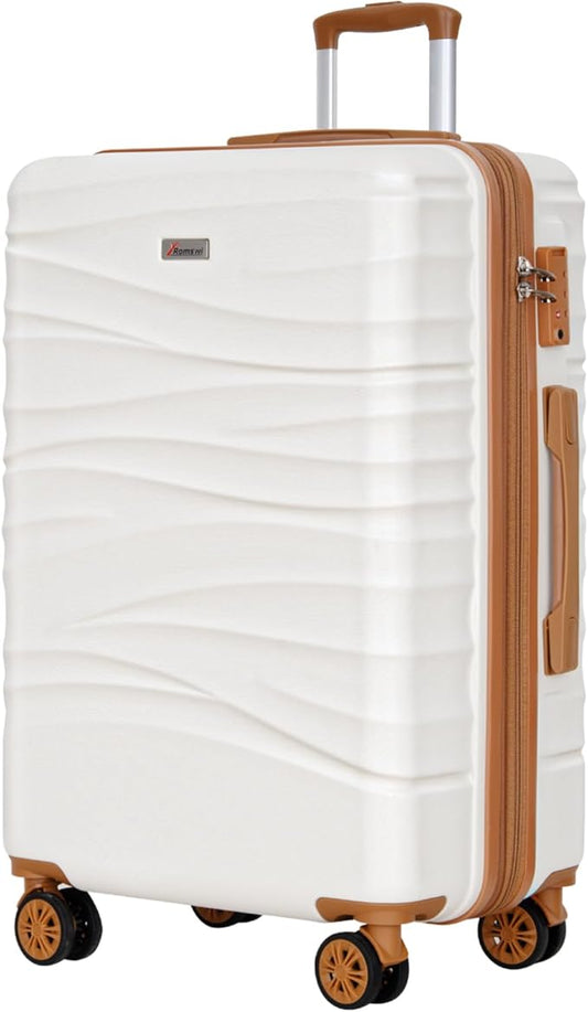 Romswi 30" Expandable Hardside Checked Luggage, Large Checked Suitcase with Dual Spinner Wheels, Up to 20% More Space, Hardshell, YKK Zipper White