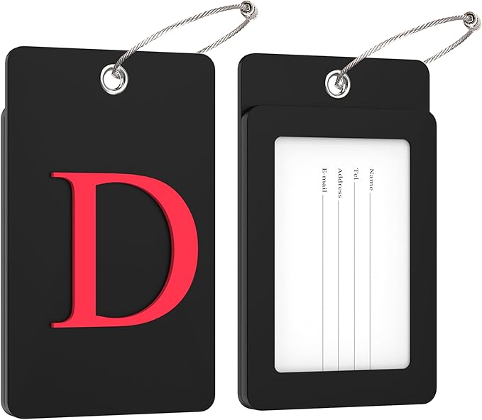 Gostwo 2 Pack Luggage Tags for Suitcases, 26 Initial Letter Travel Luggage Baggage Identification Labels ID Tag Fully Bendable Tags with Stainless Steel Loop (Black) (Letter D)