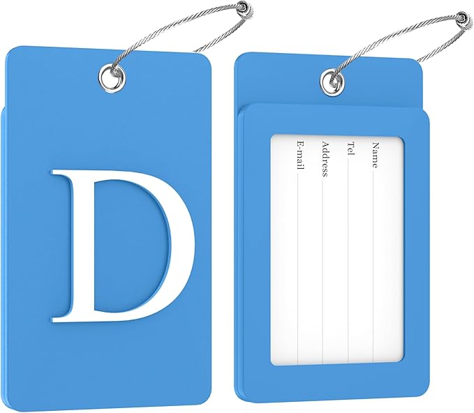 Gostwo 2 Pack Luggage Tags for Suitcases, 26 Initial Letter Travel Luggage Baggage Identification Labels ID Tag Fully Bendable Tags with Stainless Steel Loop (Blue) (Letter D)