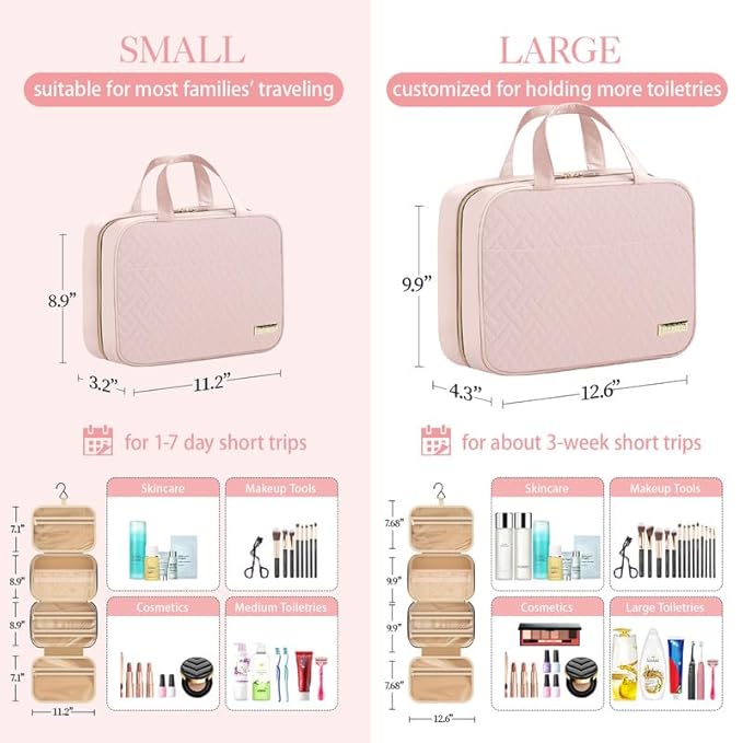 HOTOR Travel Toiletry Bag - Hanging Toiletry Bag for Women & Men, Makeup Bag/Big Comparment, Waterproof for Travel Accessories, Travel Essentials, Medium, Pale Pink