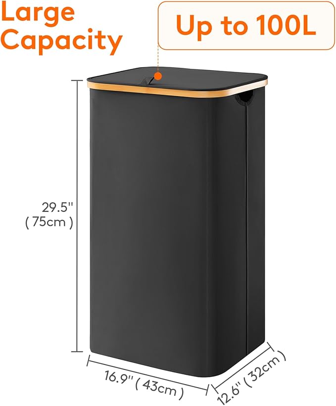 Lifewit 100L Laundry Basket with Lid, Clothes Hampers for Laundry with Bamboo Handles and 1 Removable Bag, Large Foldable Laundry Hamper for Bedroom, Bathroom, Dorm, Laundry Room, Black