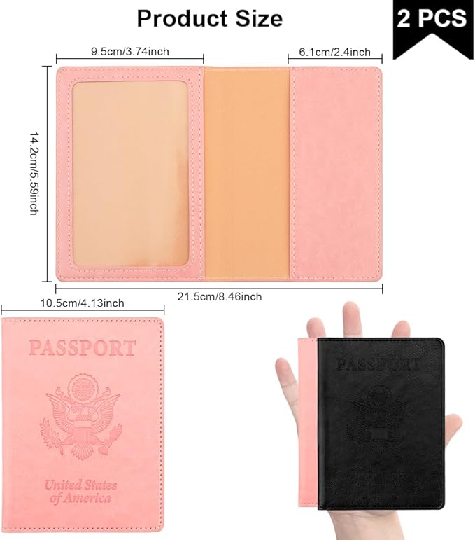 Passport Holder, Passport Cover, Passport Holder for Women, 2 Pack Travel Passport Wallet, Leather Passport Case, Passport Protector International Travel Must Haves Accessories, Black+Pink