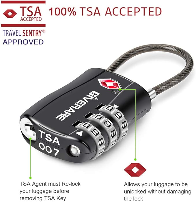 GIVERARE TSA Approved Luggage Locks, Combination Travel Cable Lock, Re-settable 3-Digit Padlocks with Alloy Body, Keyless Travel Sentry Accepted Padlock for Gym Locker, Golf Bag Case, Backpack-Black