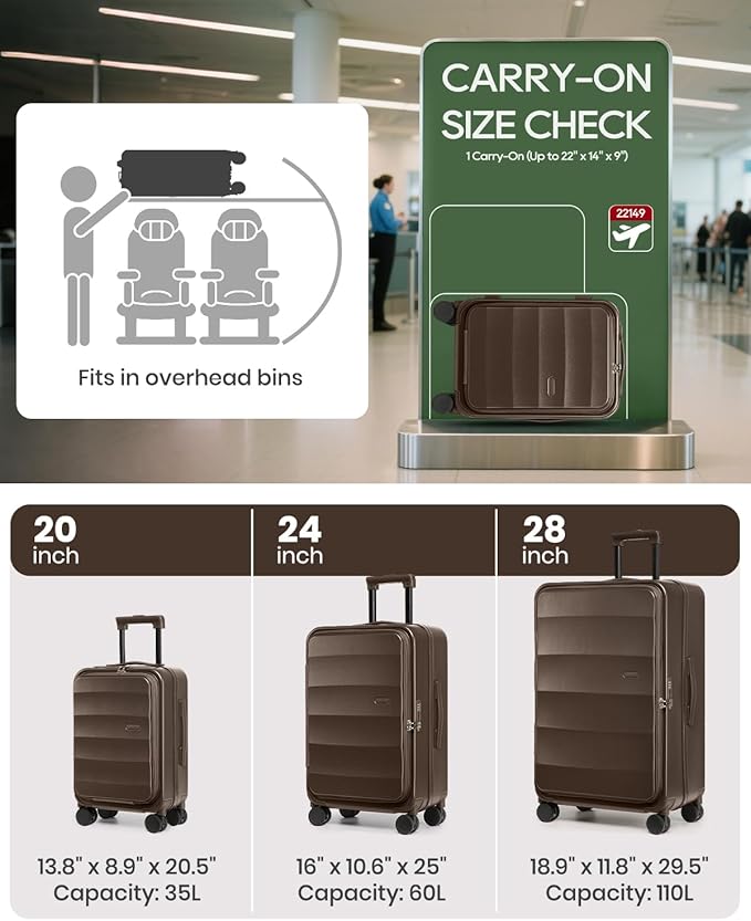 Joyway Luggage Set 5 Piece Top Opening Suitcase Set with Spinner Wheel and TSA Lock, PC Hard Shell Carry on Luggage with Front Pocket, Suitcase with Backpack and Foldable Storage Bag (Coffee)
