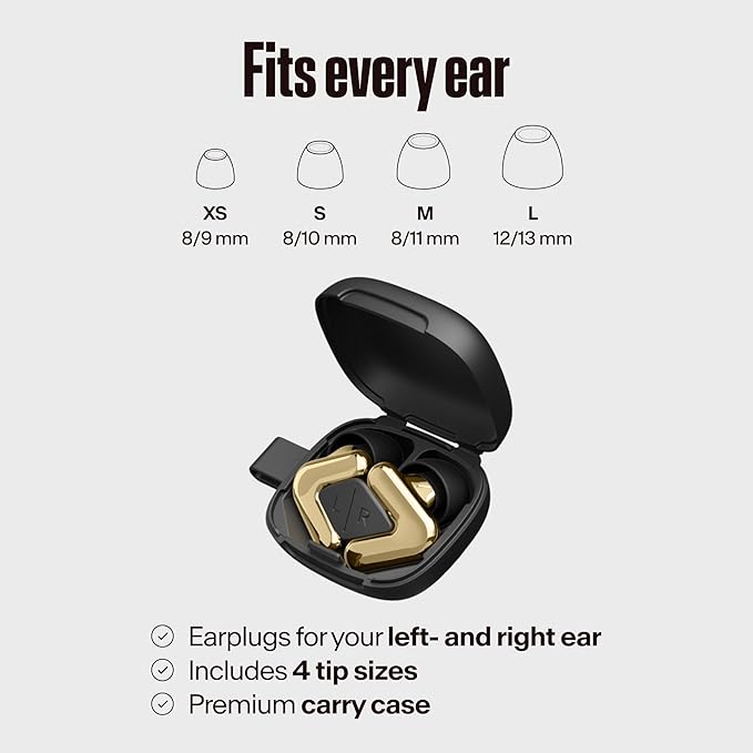 Alpine Tune Earplugs, Concert Ear Plugs for Noise Reduction, High Fidelity Music Quality, 19dB Hearing Protection with Crystal Clear Sound, Incl. 4 Sizes, for Parties, Raves, Festivals & Clubs, Gold