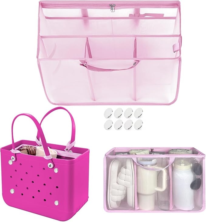 XYFuuee Beach Bag Organizer Inserts for Original Large Bogg Bag Accessories with 8 Removable Metal Fasteners, Lightweight Mesh Insert Divider Pouch, Organizing Rubber Tote, Save Space, Pink XL