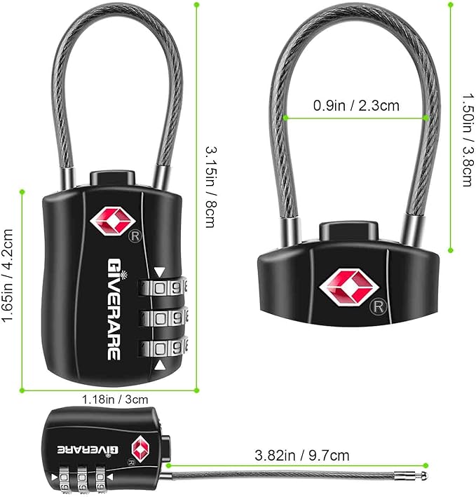 GIVERARE 4 Pack TSA Approved Luggage Locks, Combination Travel Cable Lock, Re-settable 3-Digit Padlocks with Alloy Body, Keyless TSA Padlock for Gym Locker, Golf Bag Case-Black