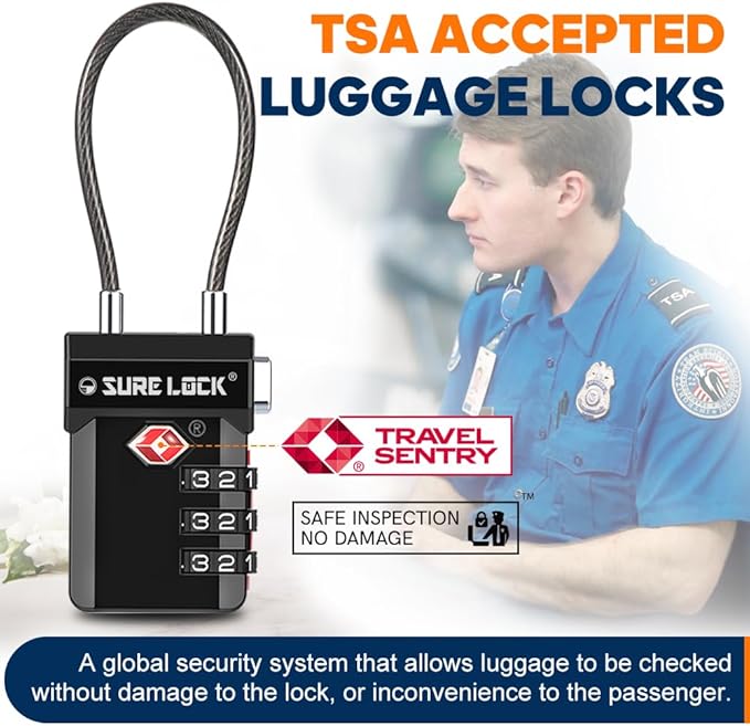 SURE LOCK TSA Approved Luggage Locks – 3-Digit Combination Cable Lock with Red Indicator, Large Dial & Easy-Press Button for Suitcases and Backpacks – Multi-Pack & Color Options