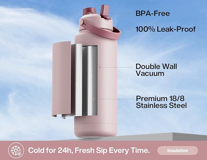 POWCAN 40 oz Insulated Water Bottle with 2-in-1 Straw and Spout Lid, Keep Cold 24H, Leak-Proof, BPA-Free, Double Wall Stainless Steel Water Bottle for Sports, Gym, Travel, and School (Dried Rose)
