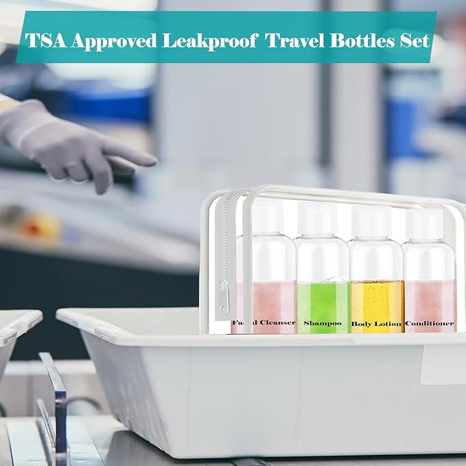 Moonlik Clear Toiletry Travel Bottles, 3.4oz/100ml TSA Approved Empty Containers with Toiletry Bag - Cosmetic Kit with Labels for Shampoo, Conditioner, Lotion, and Airplane Accessories(4Pack, White)