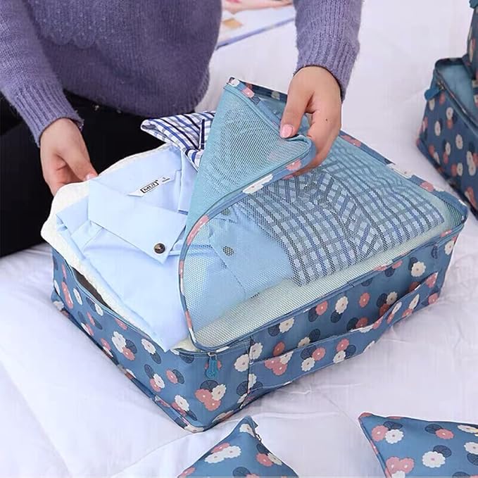 7 Set Packing Cubes Travel Luggage Packing Organizers for Suitcase, Blue Flower