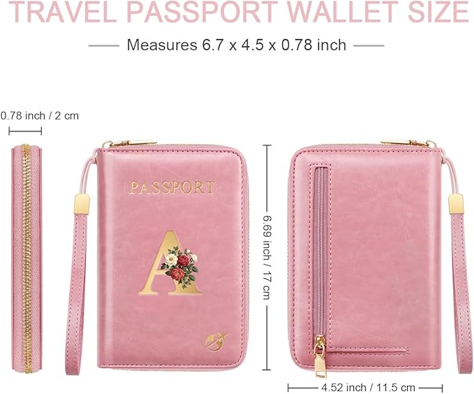 Passport Holder for Travel Personalized Passport Holder Initial Letter Rose Flower RFID Blocking Travel Wallets Credit Cards Holder for Women Men, Pink A