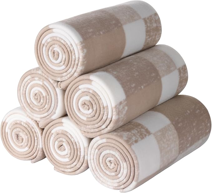 CAI TENG Fleece Throw Blankets Lightweight Warm Soft Cozy Kids Blanket Pet-Friendly Bulk Fleece Blanket Solid for Home, Bed, Sofa, Dorm, Office, Gifts, Outdoor Plaid Beige 6 Pack 50 x 60 inch