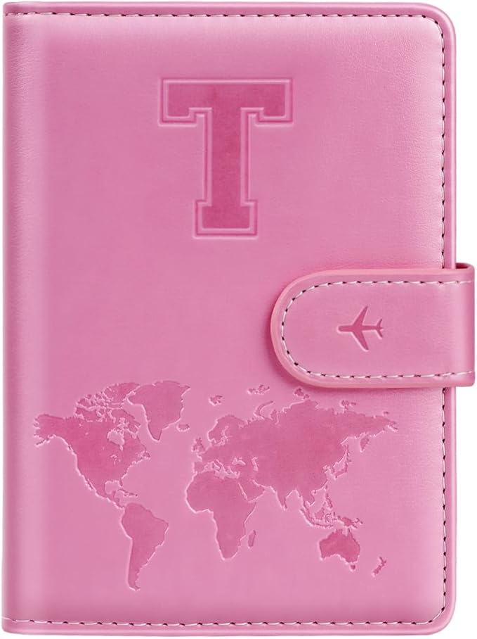 Passport Holder Cover Initail Letter A-Z Travel Wallet Embossed Design RFID Blocking Card Holder Personalized Gift Passport Cover Wallet, Passport Book Holders for Women and Girls, Pink-T