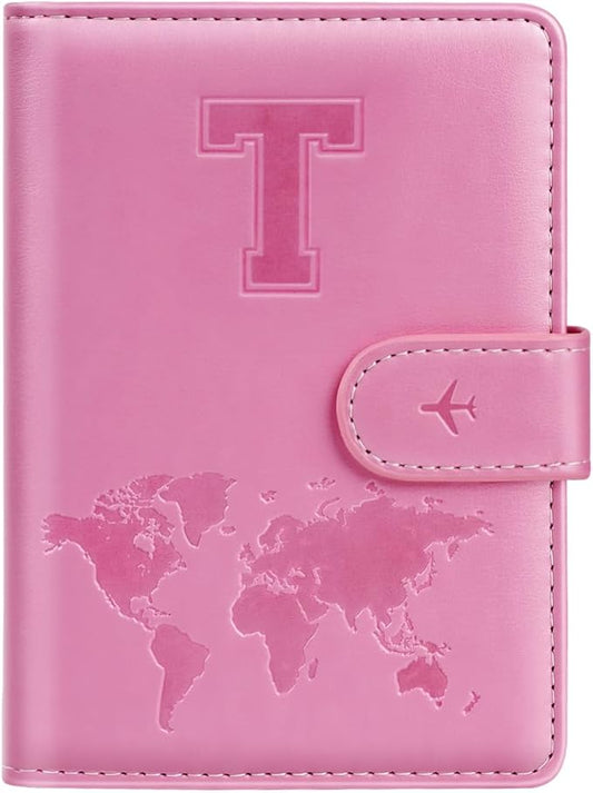 Passport Holder Cover Initail Letter A-Z Travel Wallet Embossed Design RFID Blocking Card Holder Personalized Gift Passport Cover Wallet, Passport Book Holders for Women and Girls, Pink-T