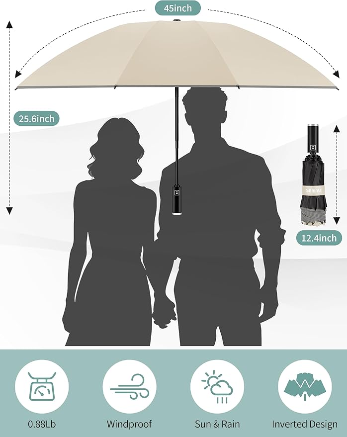 Seniny Inverted Travel Umbrella Compact - Windproof Umbrellas for Rain with Reflective Strip, Large UV Umbrella for Sun Protection, Automatic Portable Umbrellas Fold in Reverse for Car, Backpack