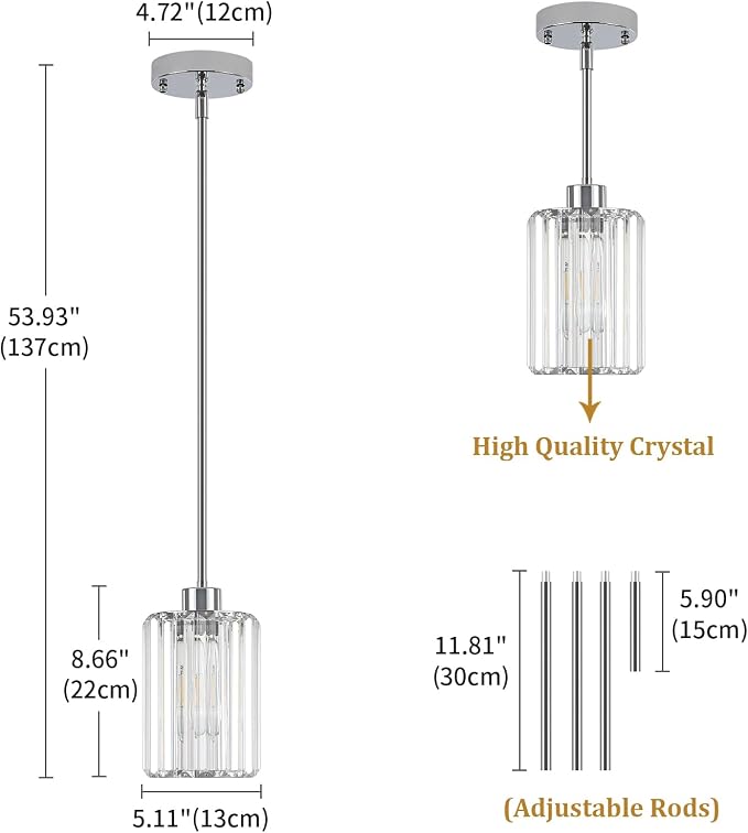 2 Pack Chrome Pendant Lights Over Island Modern Crystal Kitchen Lighting | Hanging Hallway Ceiling Lights, Adjustable Height Pendant Lighting for Dining Room Bathroom Bedroom Above Sink