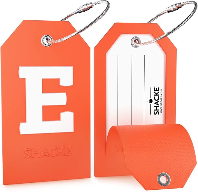 Shacke Initial Luggage Tag with Full Privacy Cover and Stainless Steel Loop – (Letter E)
