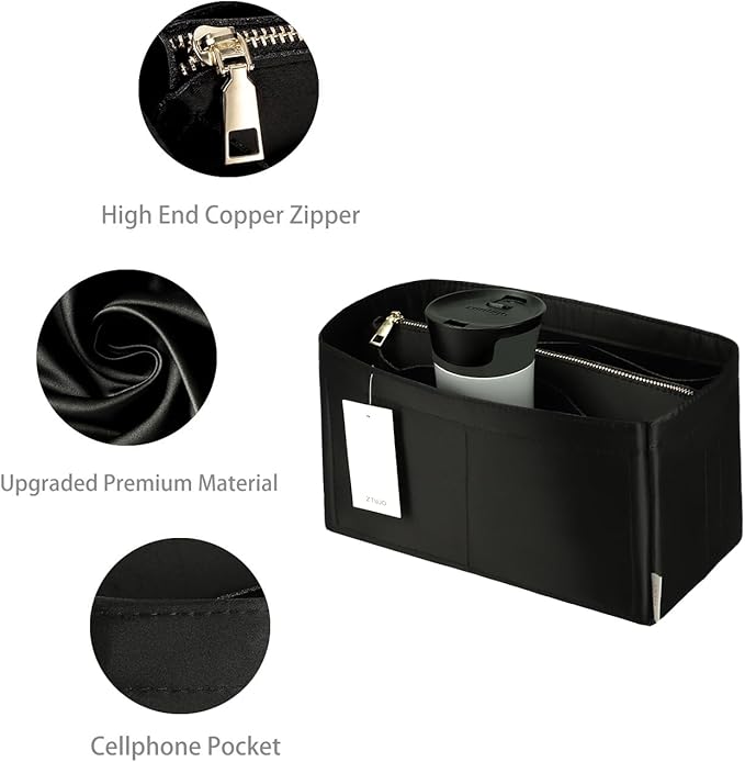 Purse Organizer Insert For Handbags, Purse Organizer With Zipper, Neverfull Organizer, Bag Organizer For Speedy Neverfull ONTHEGO Tote, Handbag and More (Silky Black, small)