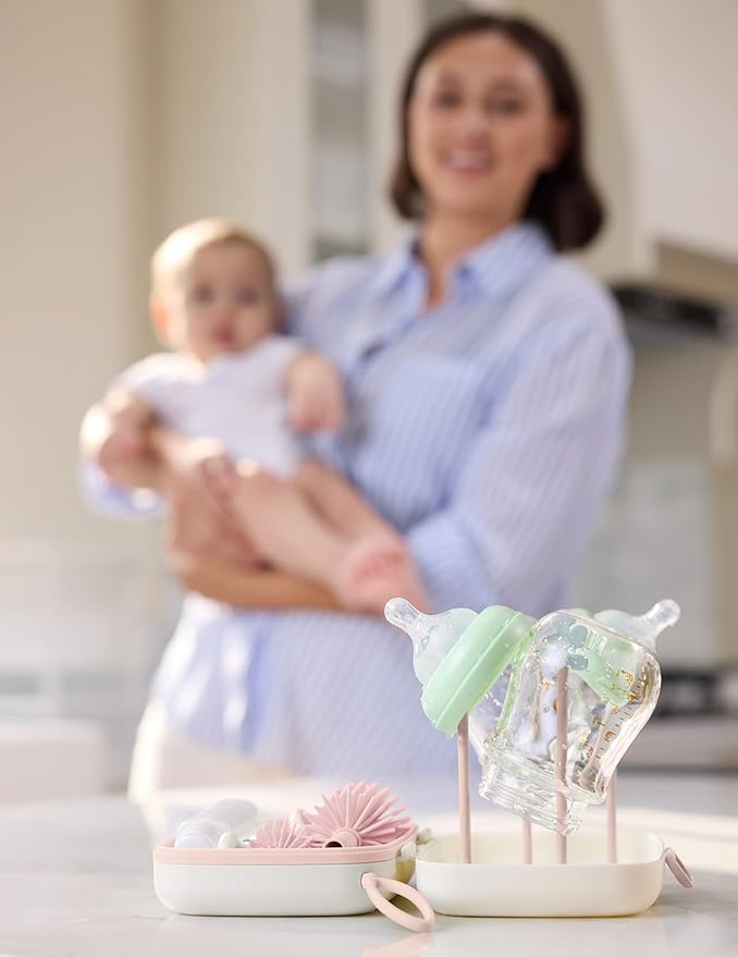 Momcozy 7-in-1 Baby Bottle Cleaner Kit with Silicone, Nipple & Straw Brushes, Soap Dispenser and Drying Rack - Portable Cleaning Tool for Home and Travel, Pink