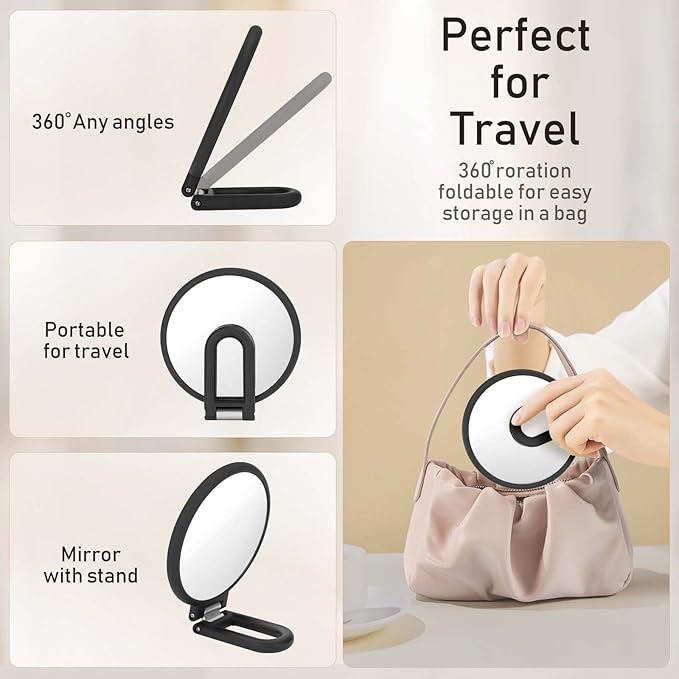 CLSEVXY Magnifying Handheld Mirror Double Sided, 1X 15X Magnification Hand Mirrors, Travel Folding Hand Held Mirror, 360°Rotation Pedestal Makeup Vanity Mirror