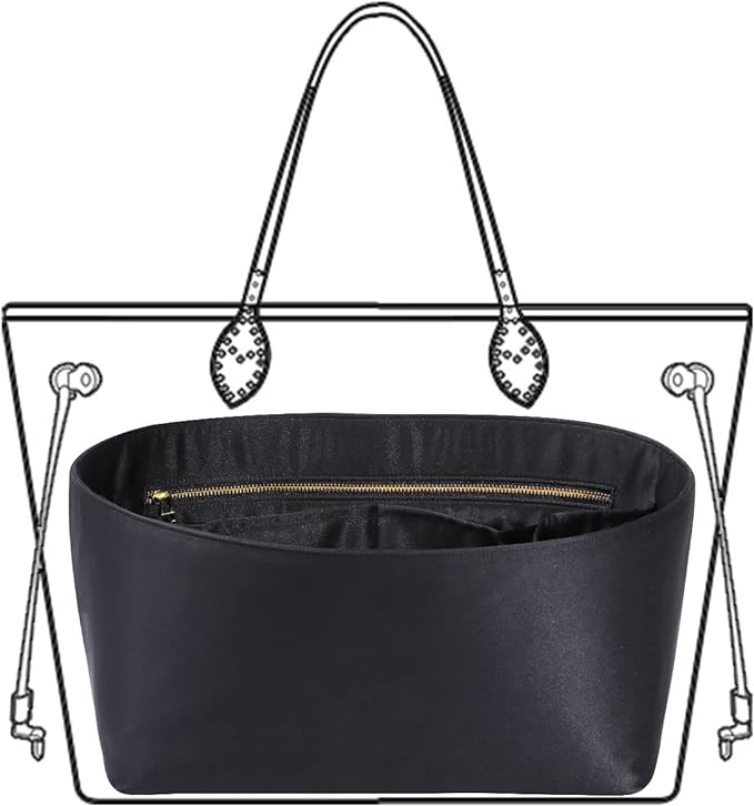 Purse Organizer Insert For Handbags, Silk Purse Organizer with Zipper, Silky Smooth, Bag Organizer For Speedy Neverfull Tote,onthego,Artsy, 6 Sizes(Large, Silky Black)