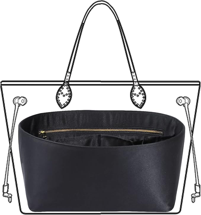 ZTUJO Purse Organizer Insert For Handbags, Silk Purse Organizer with Zipper, Silky Smooth, Bag Organizer For Speedy Neverfull Tote,onthego,Artsy, 6 Sizes (Medium, Silky Black)