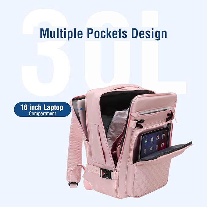 MOSISO Travel Backpack for Women Men, 15-15.6 inch Rhombus Quilted Laptop Backpack Flight Approved with Packing Cubes, 16 inch Carry on Daypack with USB Port for College Work Business, Pink
