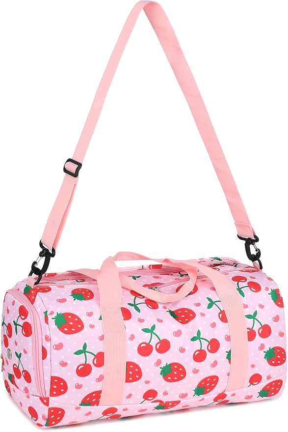 Duffle Bag for Girls Kids Overnight Bags Cute Strawberry Cherry Dance Sports Bag Travel Tote with Shoe Compartment and Wet Pocket