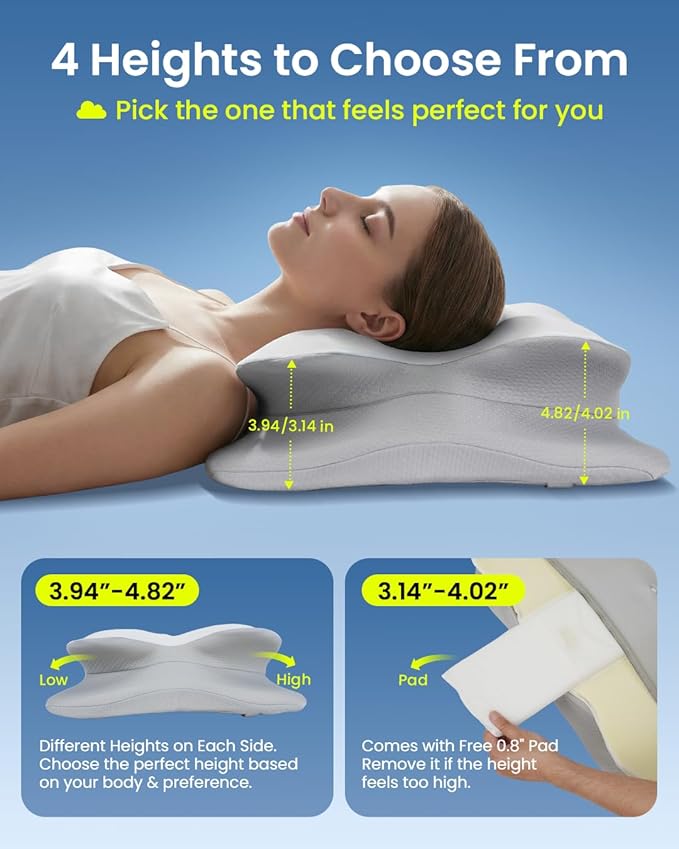 Cervical Pillow for Neck Pain Relief, 4-Height Adjustable Oeko-TEX Memory Foam Contour Pillow for Sleeping, Ergonomic Orthopedic Cooling Neck Pillow for Side Back Stomach Sleepers, Arm Support