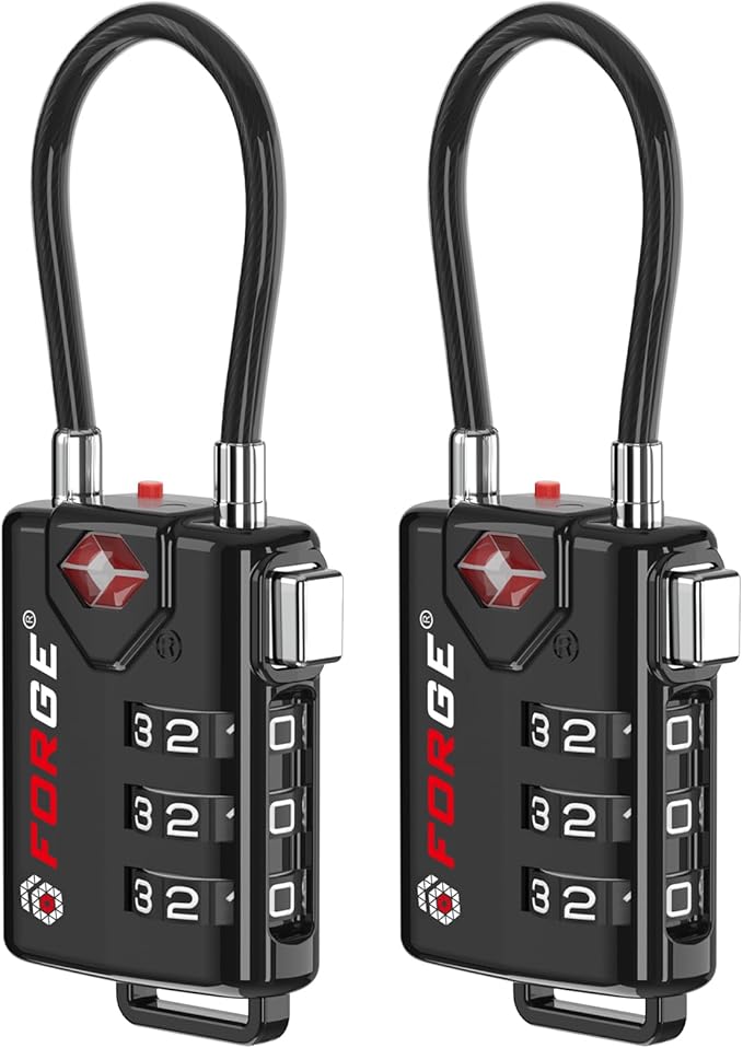 TSA Approved Cable Luggage Locks, Re-settable Combination with Alloy Body, Black 2 Locks.