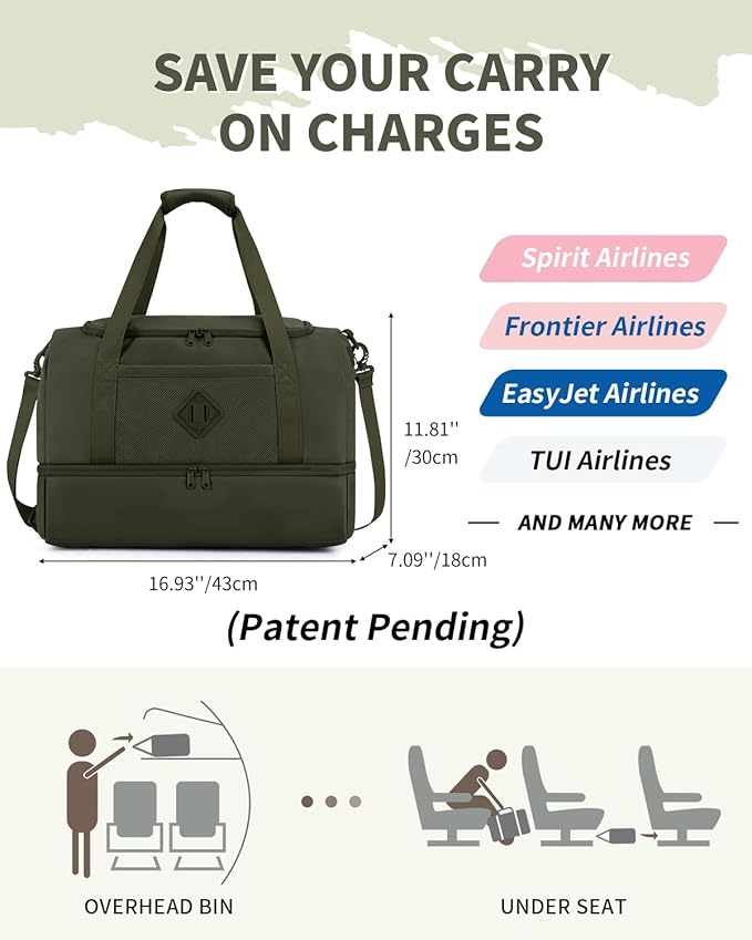WANDF Travel Duffel Bag with Wet Pocket & Shoe Compartment, 18x14x8 Personal Item Bag with USB Charging Port, Water-Resistant Gym Weekender Overnight Carry-on for Women Men (Army Green)