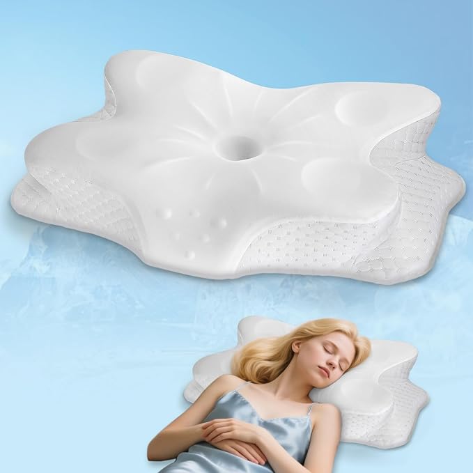 CCidea Cervical Neck Pillows for Sleeping & Pain Relief-Ergonomic Contour Memory Foam Pillow for Side/Back/Stomach Sleepers, 2 Heights with ICY Cooling White Silk Pillowcase - Gifts for Men & Women