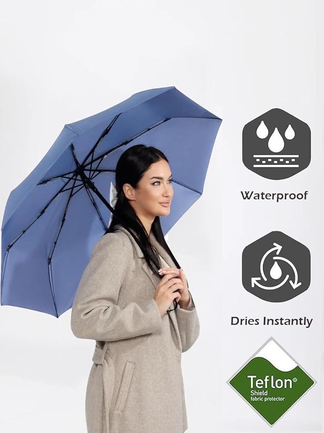 Windproof Travel Umbrella - Compact, Light, Full Automatic Open/Close - Folding Backpack Umbrella for Rain & Sun UV Preotection For Men & Women, Unbreakable 8 Fiberglass Ribs UK Design